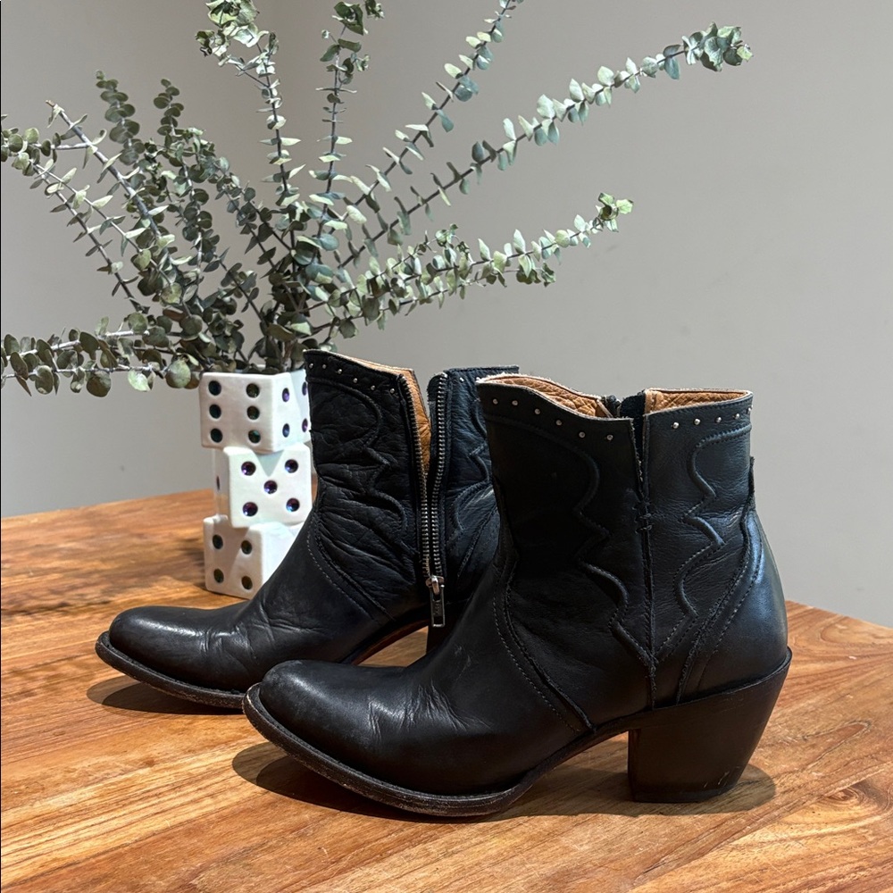Lucchese Black Leather Karla Western Ankle Booties